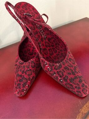 St. John Red Leopard Glistening Slingback Pumps, beautiful buckle and heel tips